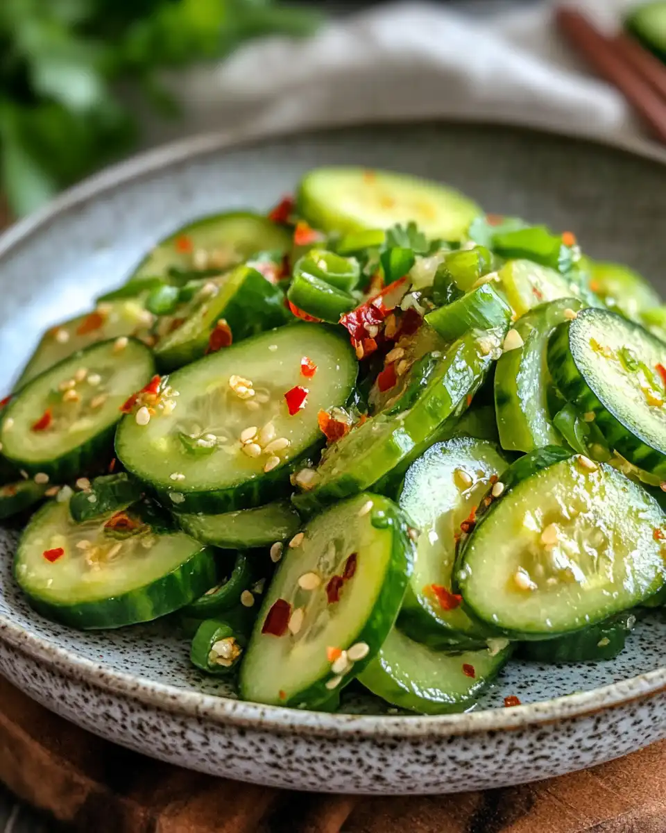 Finished Asian cucumber salad with sesame seeds garnish