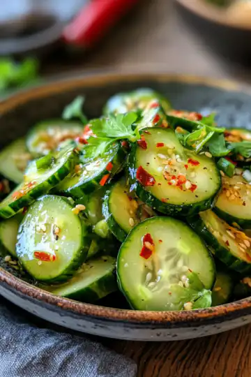 Easy Asian Cucumber Salad taken with iphone 15 pro max --iw 2 --ar 4:5 --v 6.1 --raw