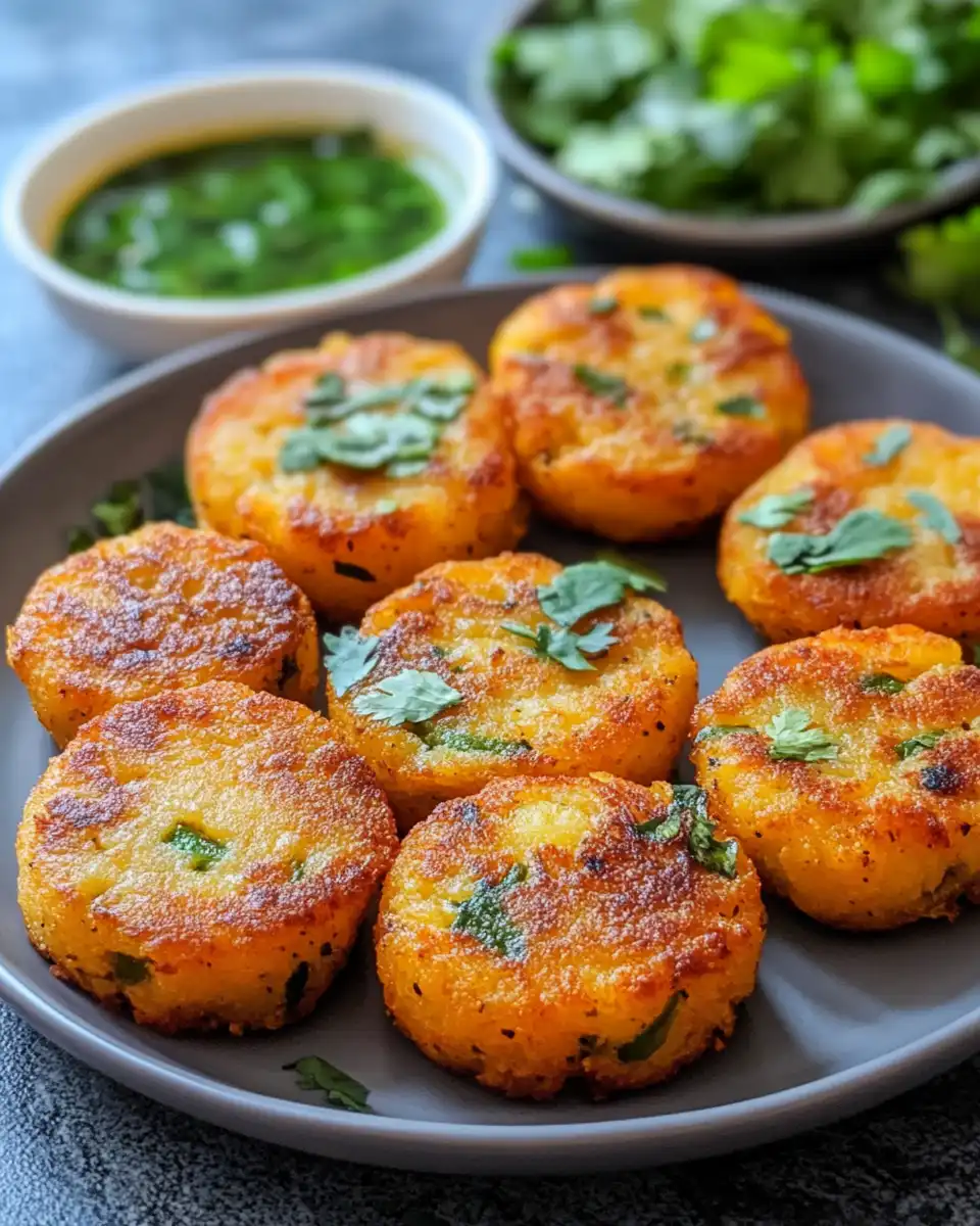 Close-up of golden crispy aloo tikkis served fresh