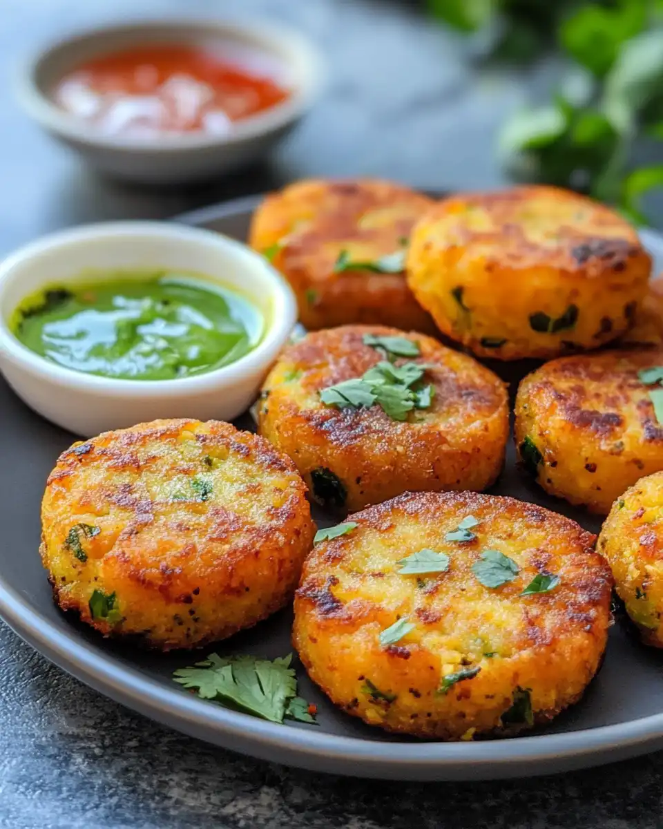 Golden crispy baked aloo tikkis fresh from the oven