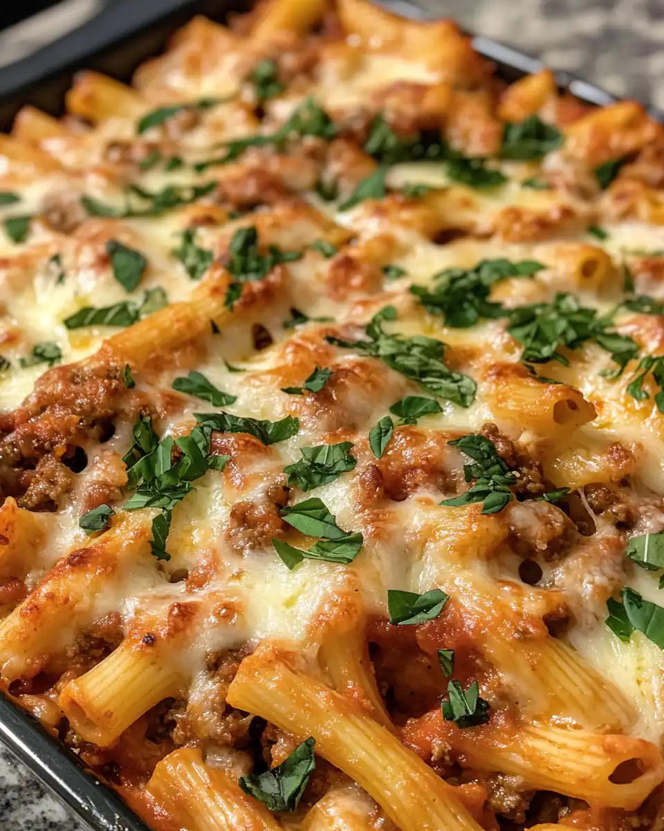 Final baked ziti with golden melted cheese top