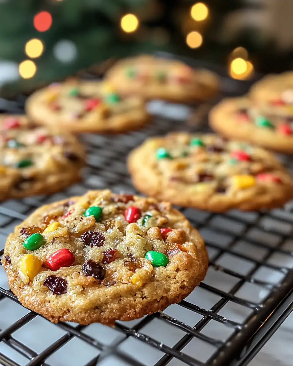 Close-up of freshly baked fruitcake cookies with colorful cherries and nuts