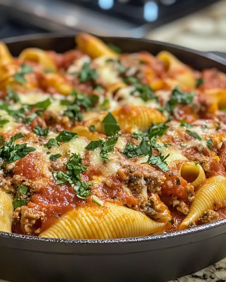 Cheesy baked stuffed shells covered with marinara sauce fresh from the oven