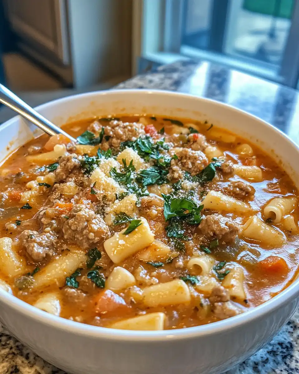 Ingredients for creamy Italian sausage ditalini soup displayed