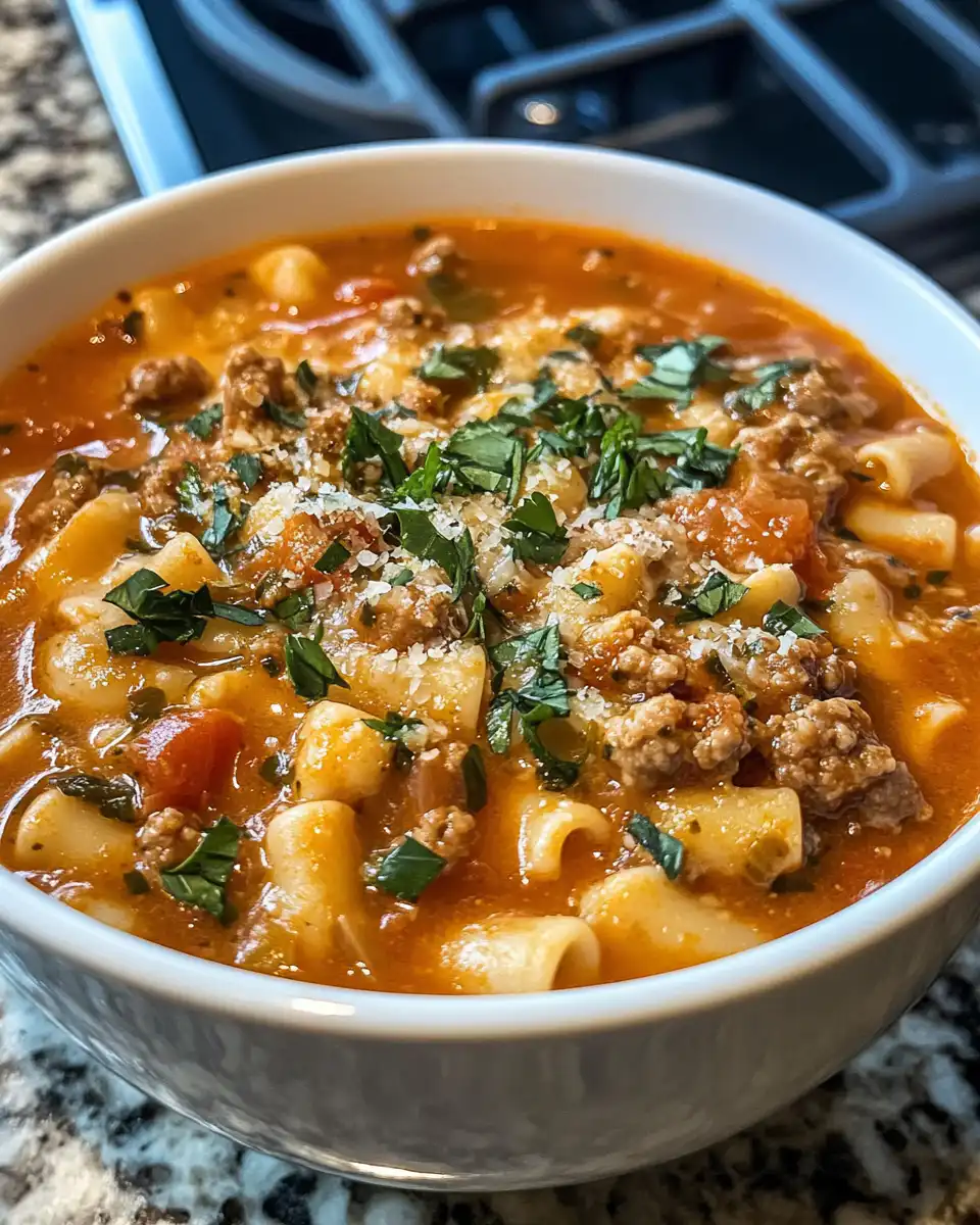 Creamy Italian sausage ditalini soup ready to serve in a bowl