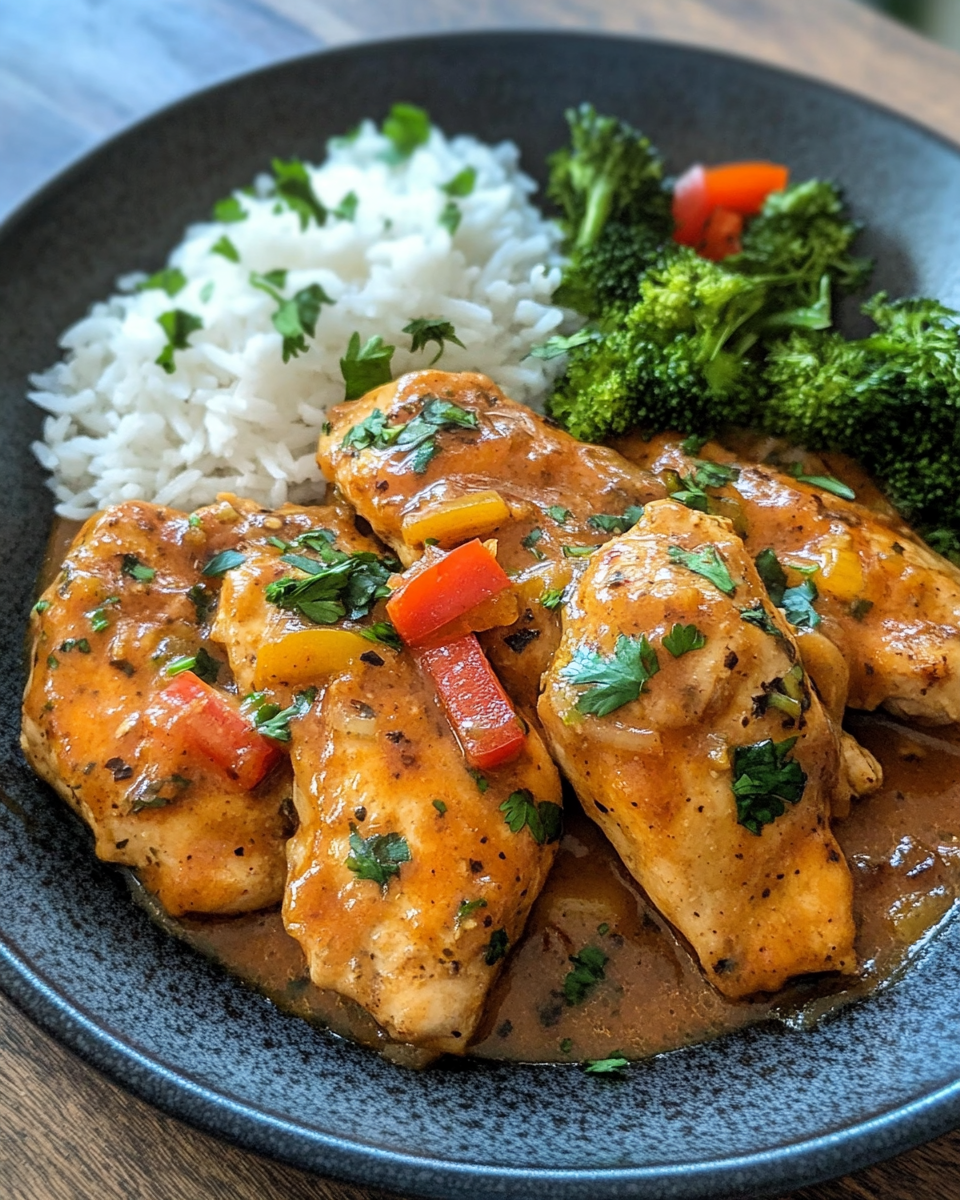 Juicy chicken thighs cooking in crockpot with pineapple sauce