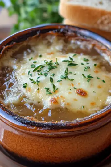 Easy French Onion Soup taken with iphone 15 pro max --iw 2 --ar 4:5 --v 6.1 --raw