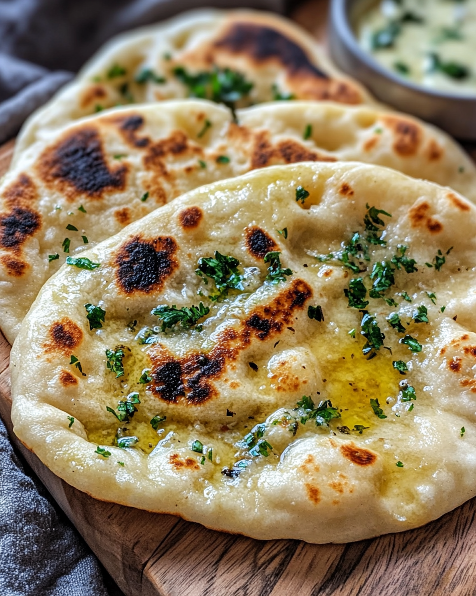 Ingredients for making garlic naan displayed on kitchen counter
