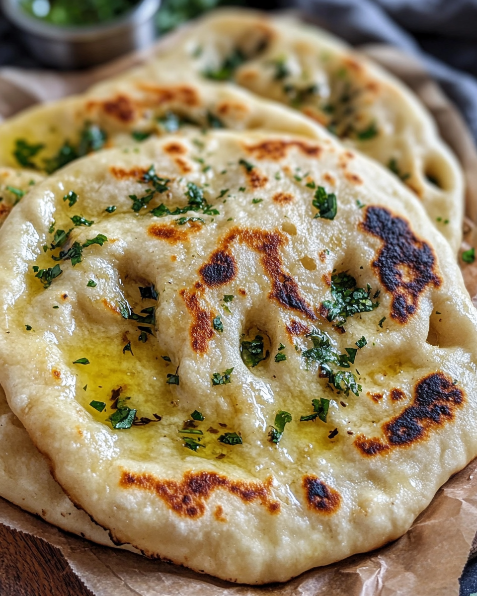 Soft finished garlic naan bread with butter and herbs served warm