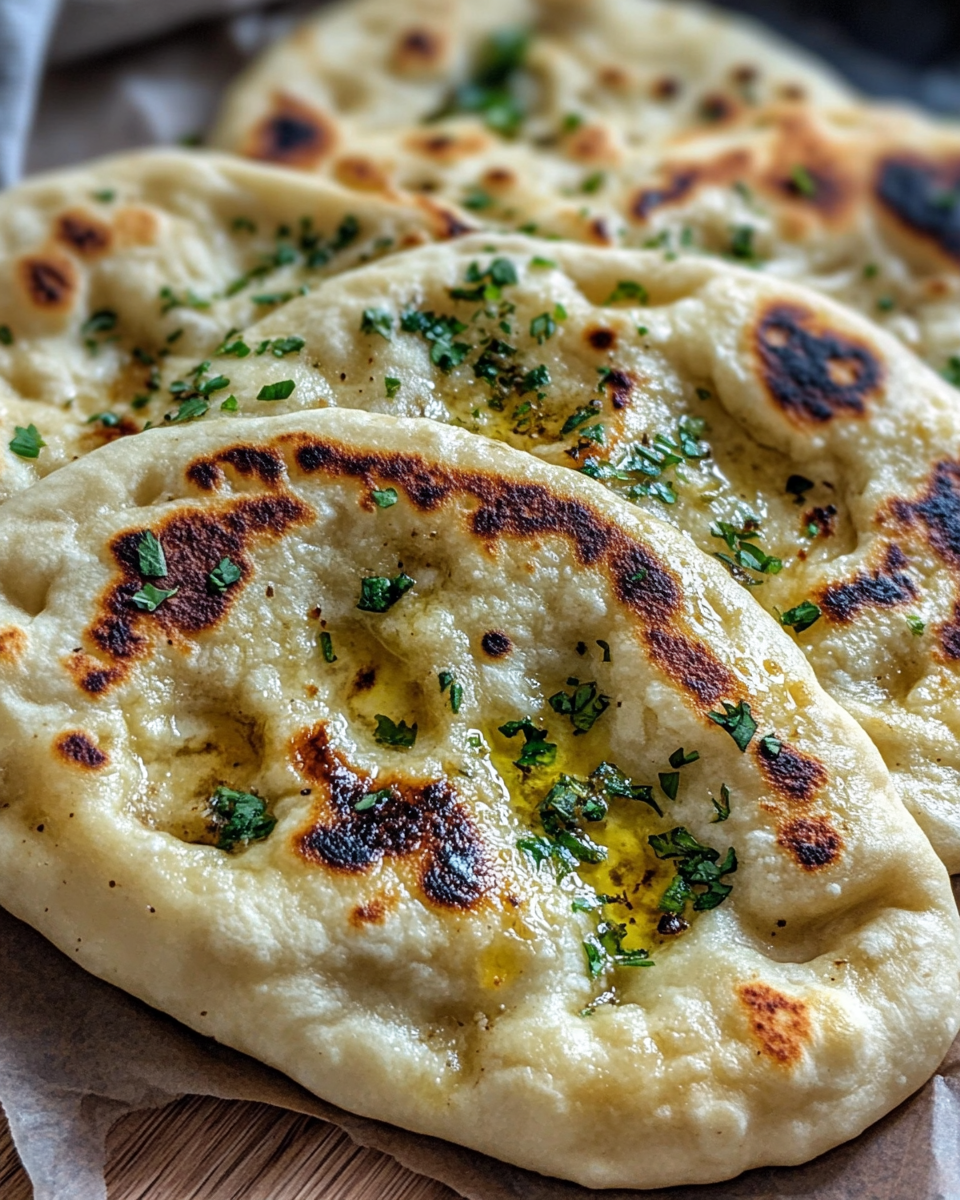Garlic naan bread cooking and bubbling in a hot skillet