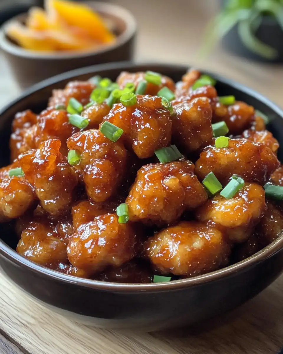 Tender golden fried orange chicken coated in sticky orange sauce