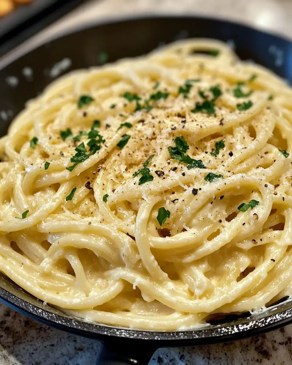 Creamy ricotta pasta with basil garnish served in white bowl
