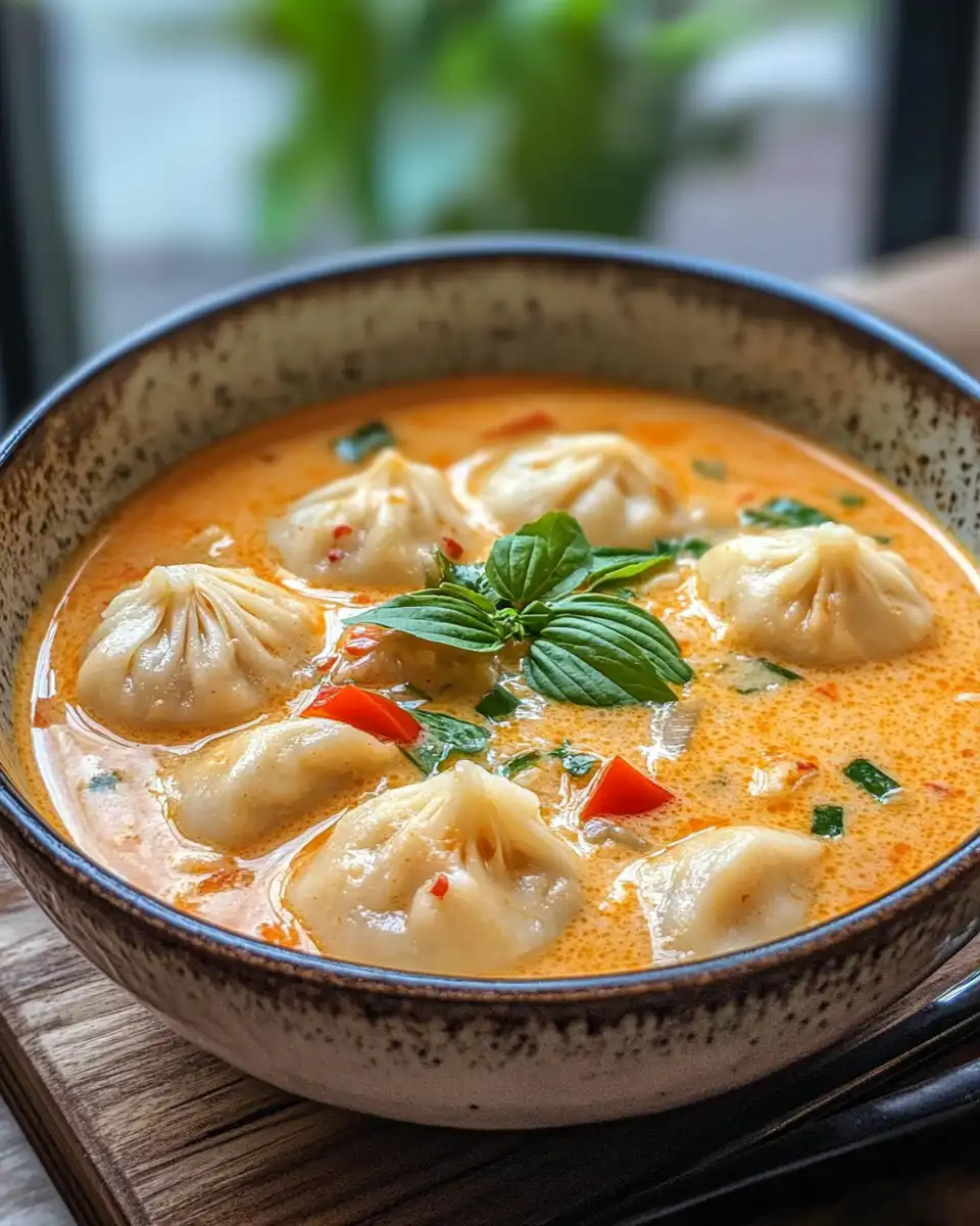 Bowl of Thai Coconut Curry Dumpling Soup garnished with fresh chives