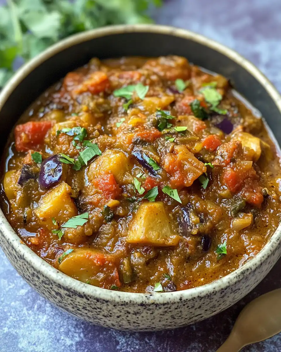 Creamy eggplant curry served and ready to eat