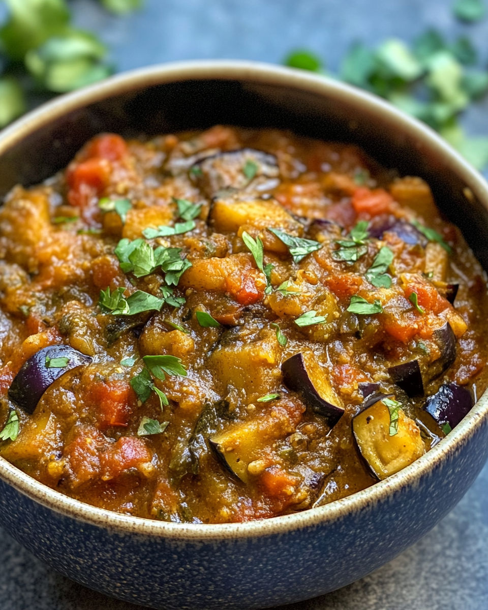 Freshly cooked eggplant curry simmering in pot