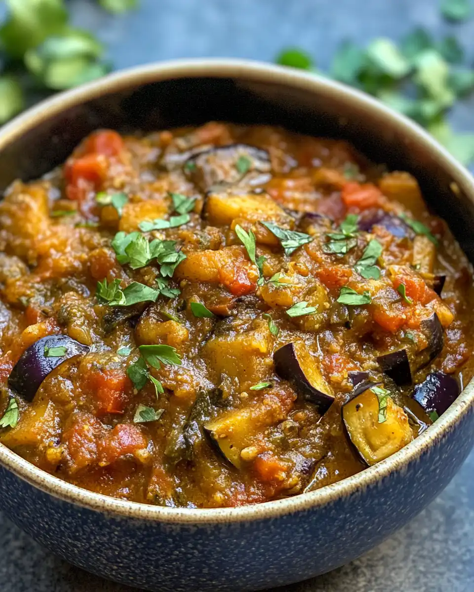 Freshly cooked eggplant curry simmering in pot