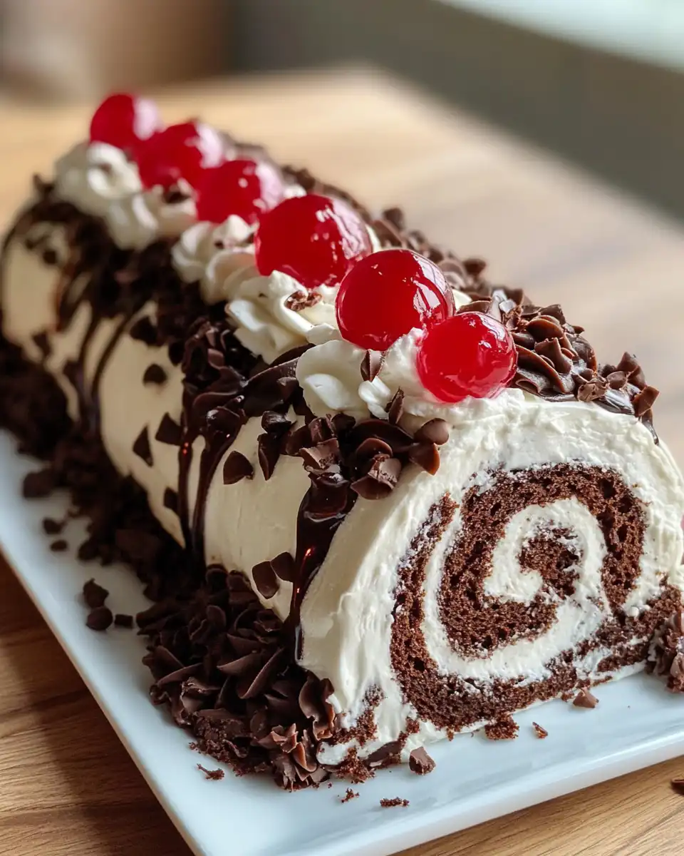 Sliced Black Forest roll cake served with whipped cream