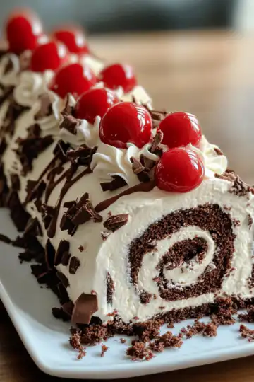 Elegant Black Forest Cake Roll taken with iphone 15 pro max --iw 2 --ar 4:5 --v 6.1 --raw