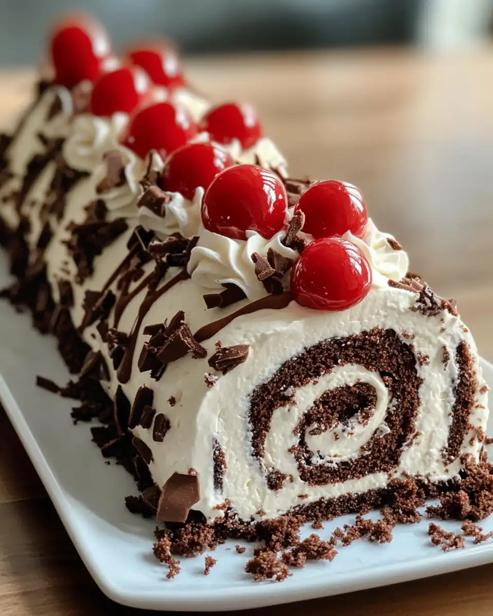Freshly baked Black Forest roll cake with moist sponge and cherry filling