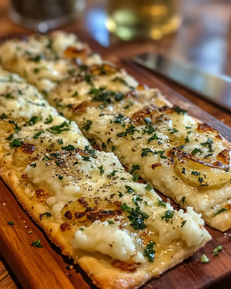 Finished mashed potato flatbread served warm on the plate