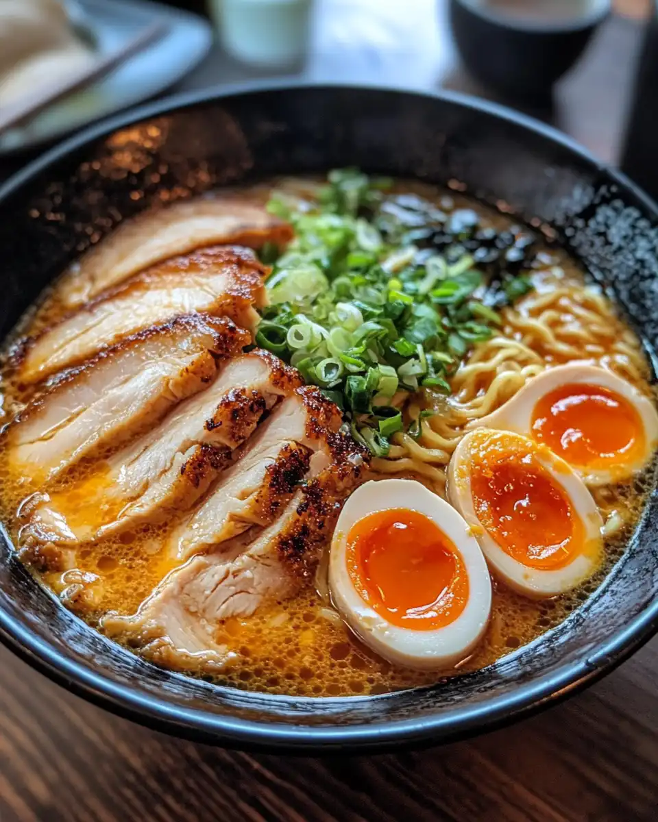 Spicy chicken ramen served with lime wedges and fresh herbs