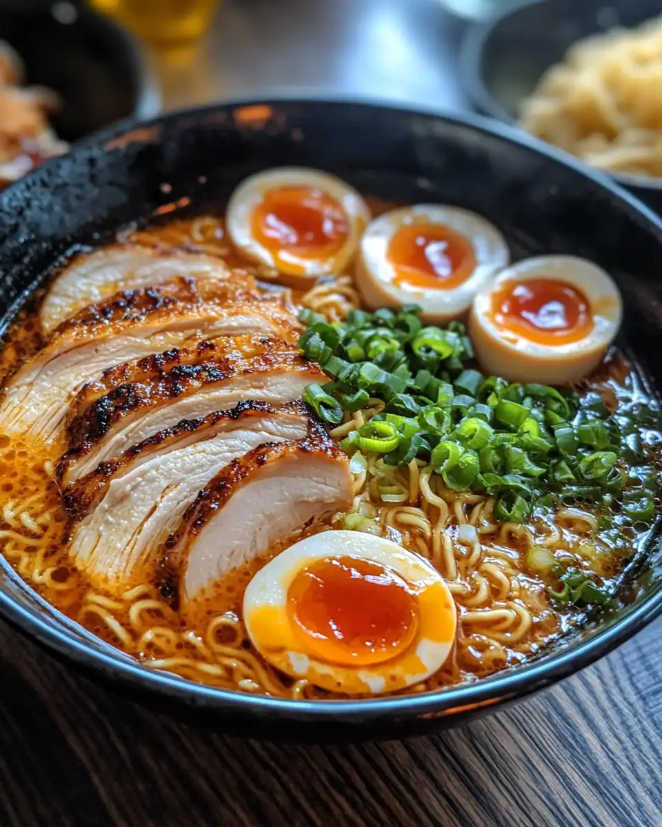 Fiery chicken ramen with noodles and spicy broth in a bowl