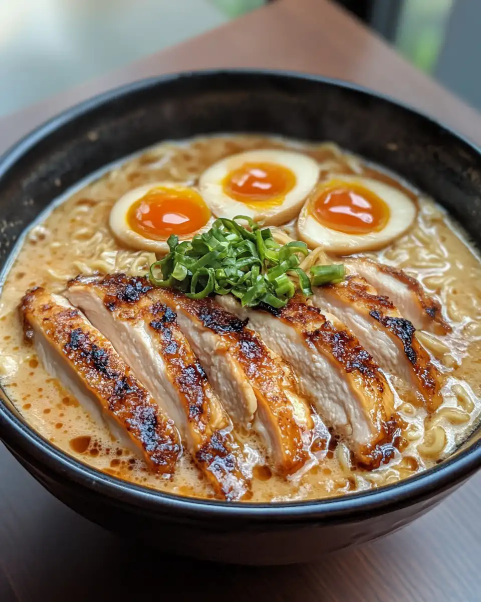 Finished bowl of Fiery Chicken Ramen with creamy garlic sauce and toppings