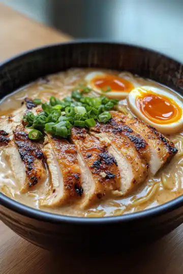 Fiery Chicken Ramen With Creamy Garlic Sauce taken with iphone 15 pro max --iw 2 --ar 4:5 --v 6.1 --raw