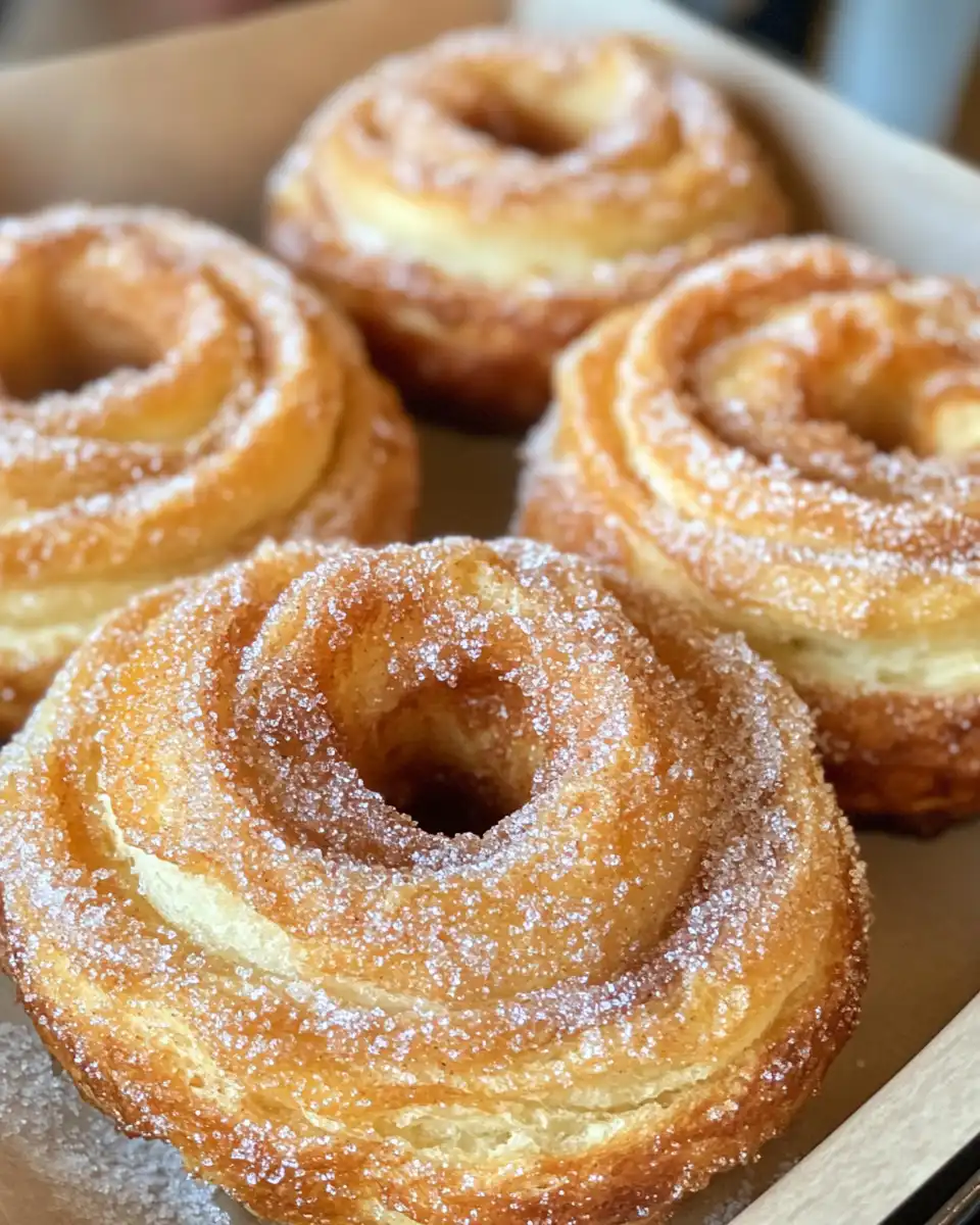 Fresh baked flaky cruffins with sweet cinnamon sugar filling arranged on a plate ready to serve