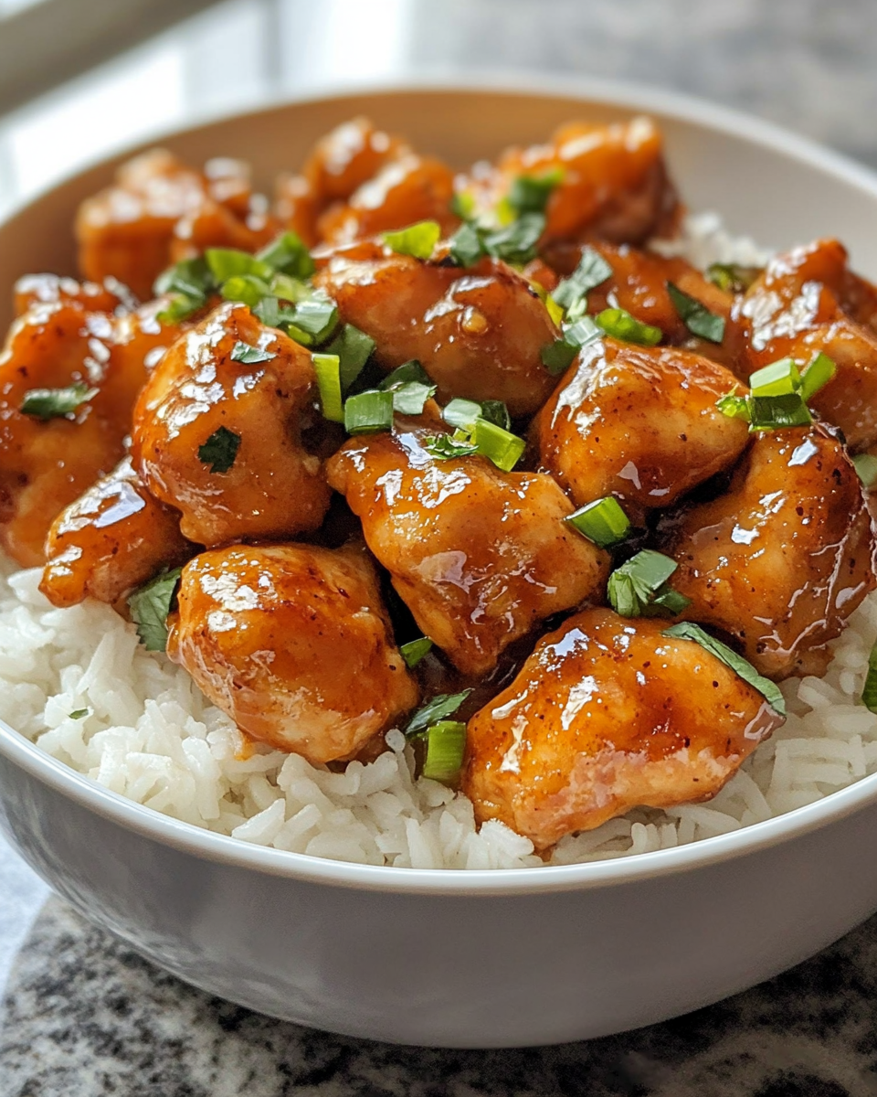 Food court style bourbon chicken with sticky sauce in a bowl