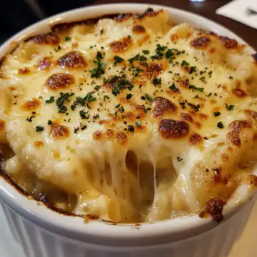 French Onion Soup Mac Cheese taken with iphone 15 pro max --iw 2 --ar 4:5 --v 6.1 --raw