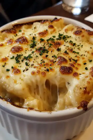 French Onion Soup Mac Cheese taken with iphone 15 pro max --iw 2 --ar 4:5 --v 6.1 --raw