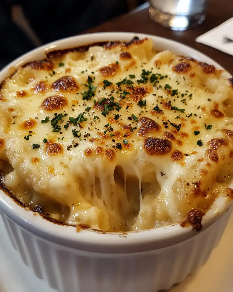Close up of French Onion Mac and Cheese with caramelized onions and melted cheese