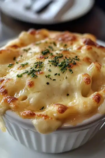 French Onion Soup Mac Cheese taken with iphone 15 pro max --iw 2 --ar 4:5 --v 6.1 --raw