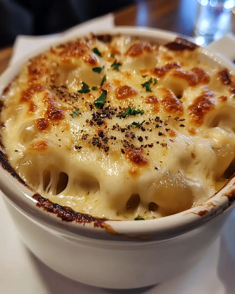 Final French Onion Mac and Cheese served with crispy bread crumbs and fresh thyme