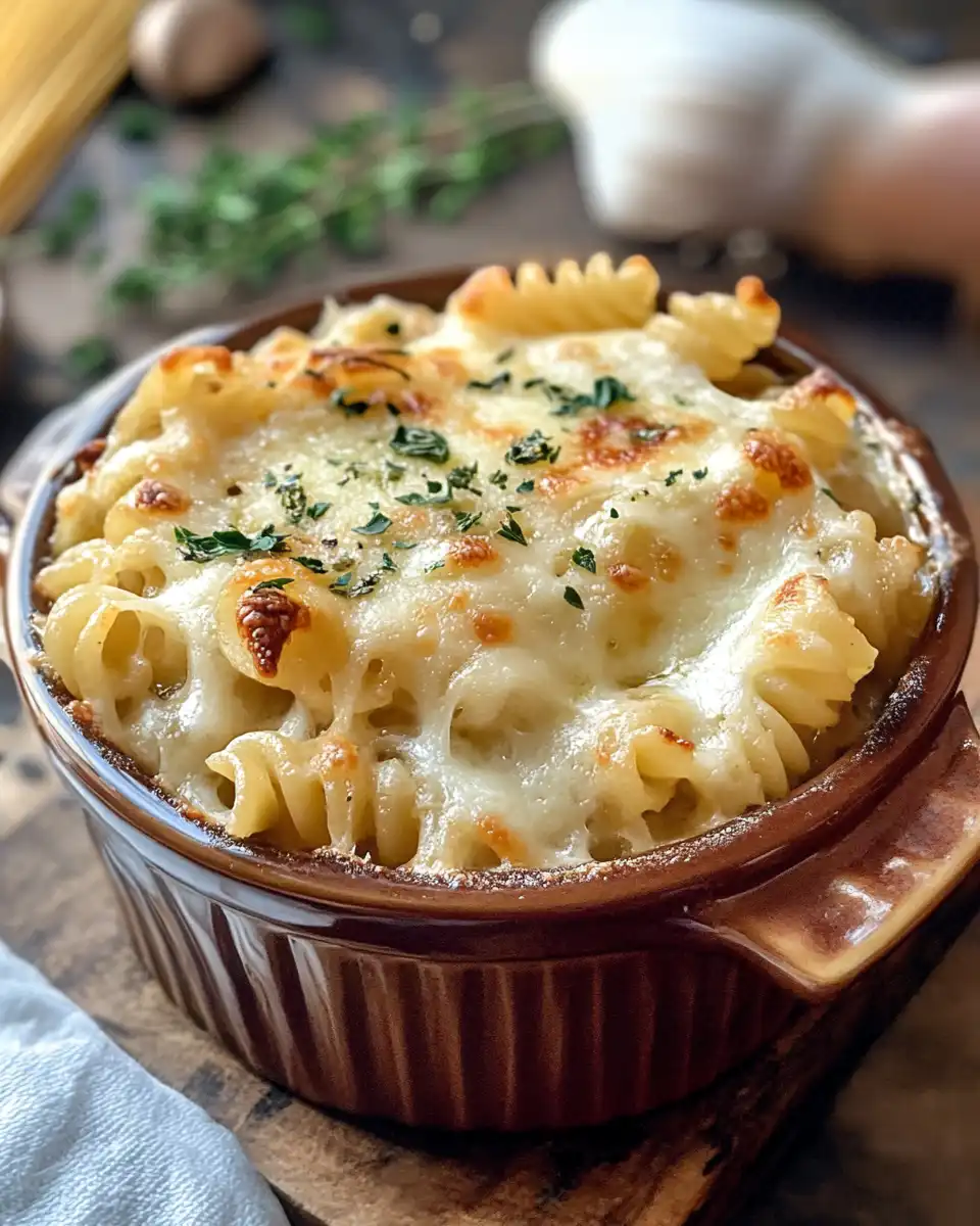 Perfectly plated one pot French onion soup pasta with toasted breadcrumbs and fresh herbs