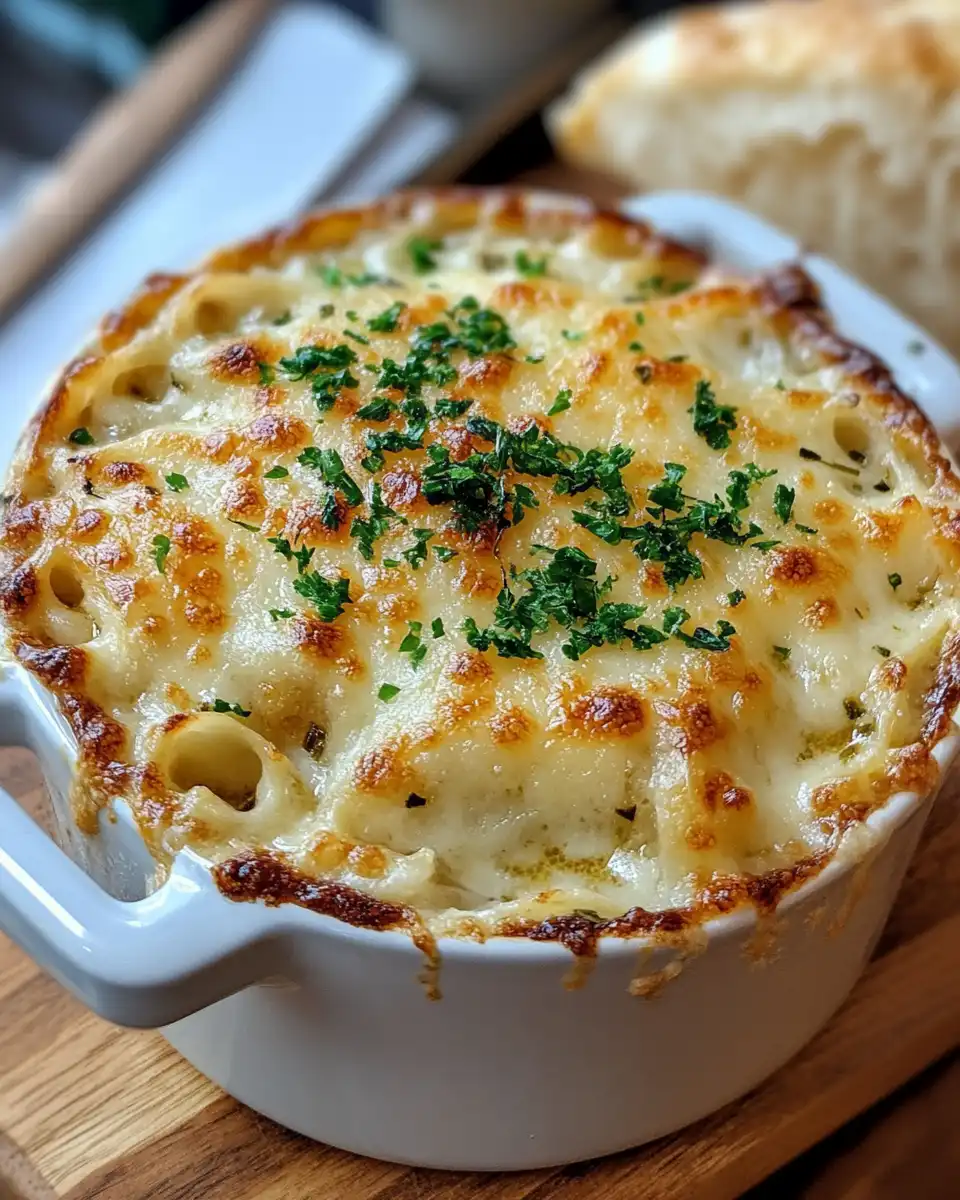 Pressure cooker with bubbling French onion soup pasta