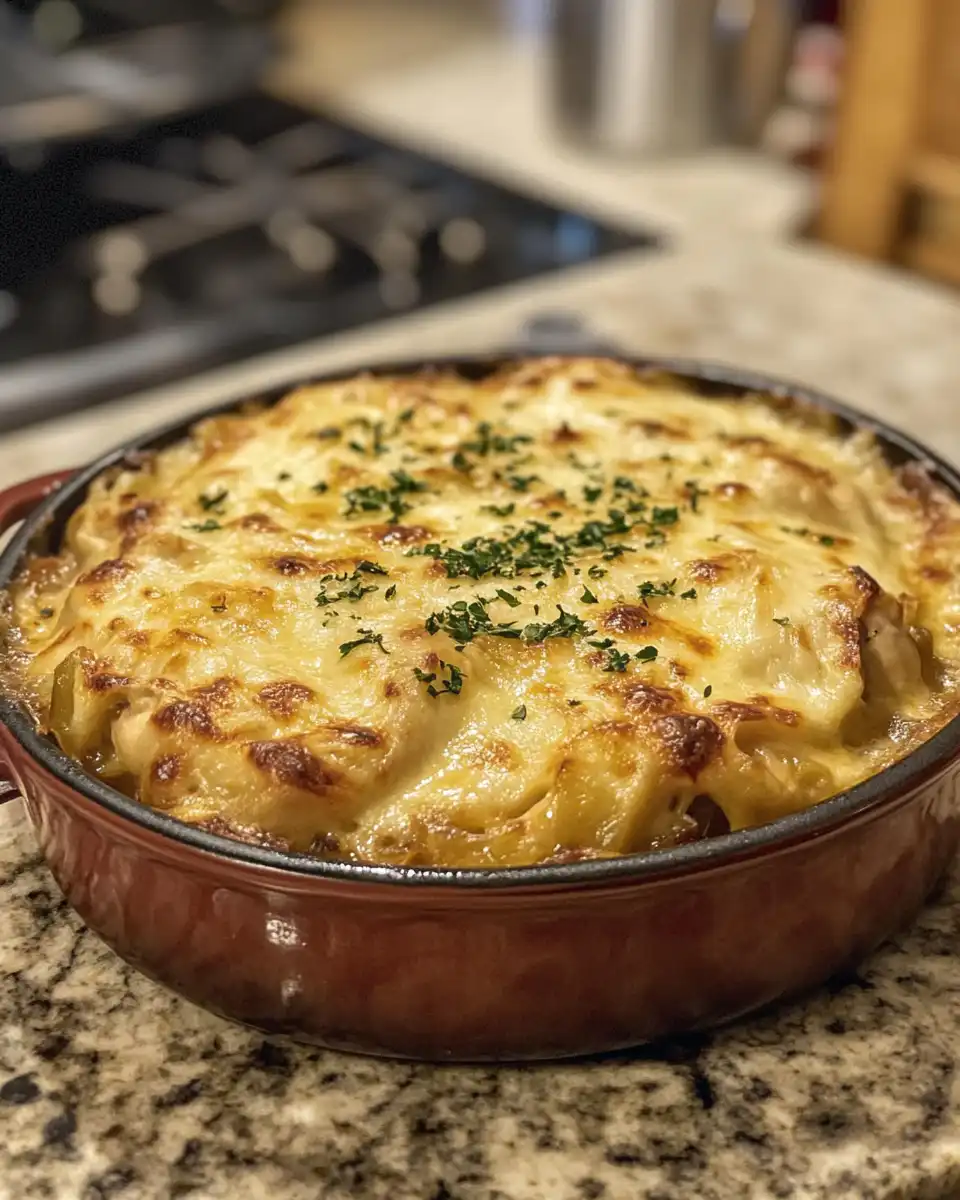 Creamy French style chicken casserole a la Normande served in a rustic bowl