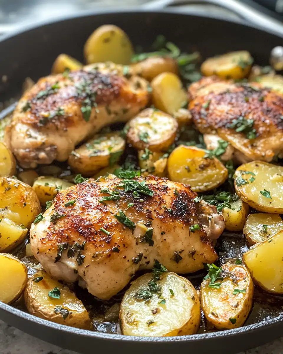Searing chicken thighs and cooking potatoes with garlic butter