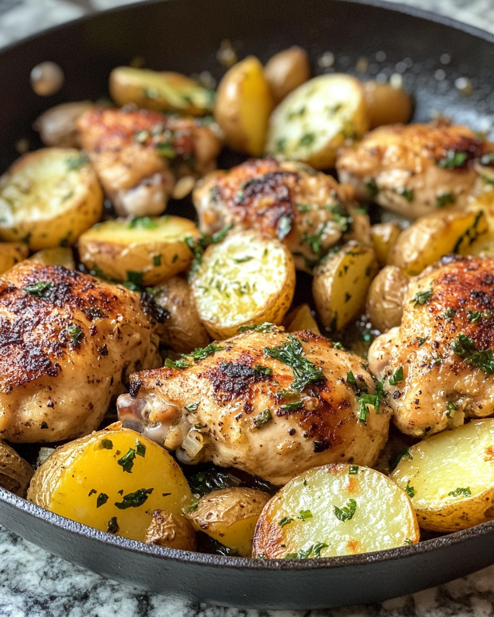 Final plated garlic butter chicken and potatoes skillet with parsley garnish