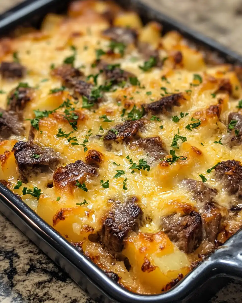 Serve plated garlic butter steak bites over cheesy smashed potatoes garnished with green onions