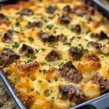Garlic Butter Steak & Cheddar Potato Bake taken with iphone 15 pro max --iw 2 --ar 4:5 --v 6.1 --raw