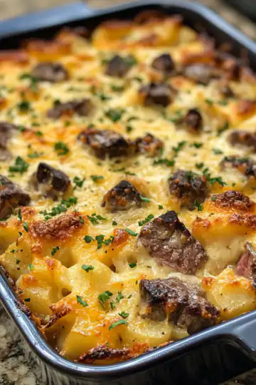 Garlic Butter Steak & Cheddar Potato Bake taken with iphone 15 pro max --iw 2 --ar 4:5 --v 6.1 --raw