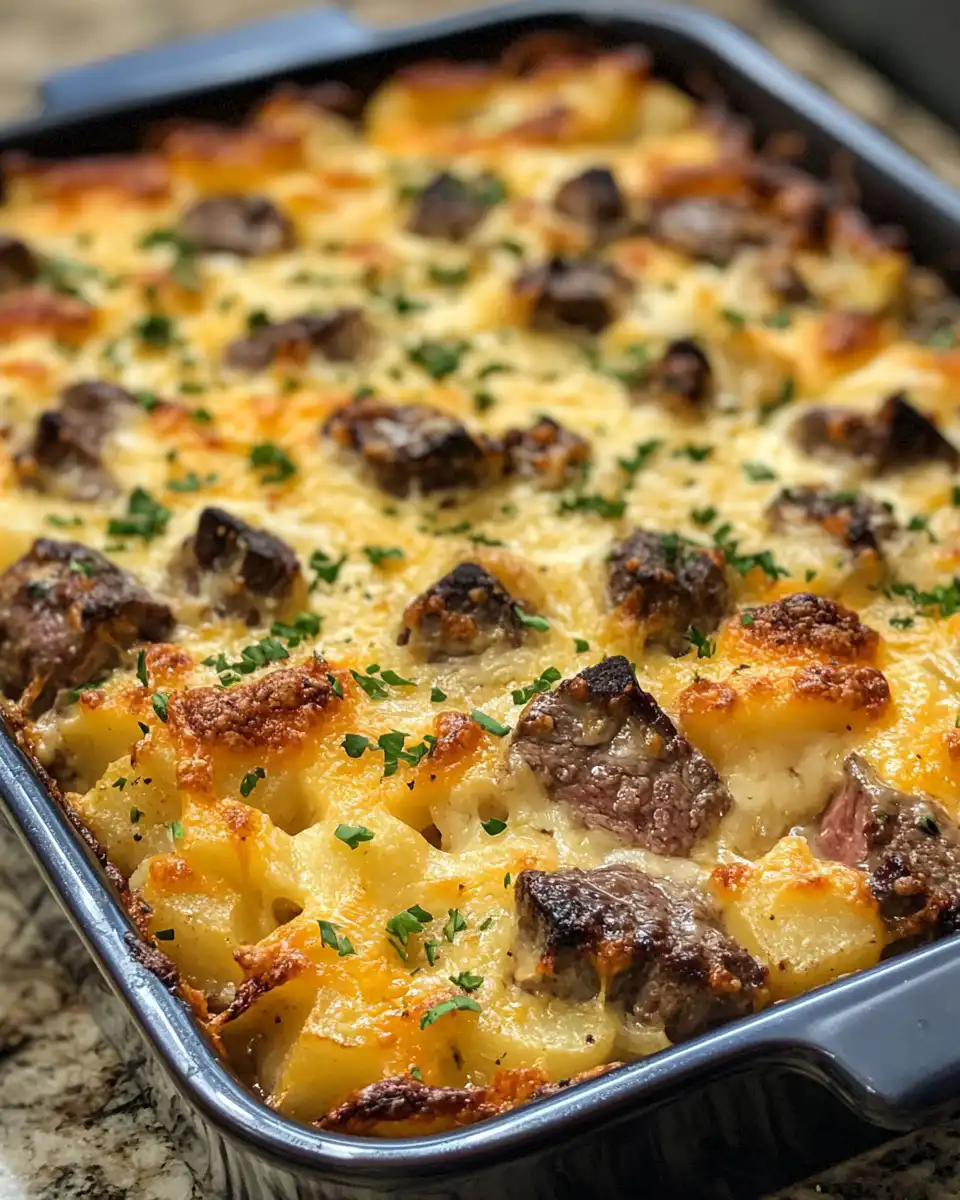 Garlic butter steak bites sizzling in a skillet with roasted cheddar smashed potatoes