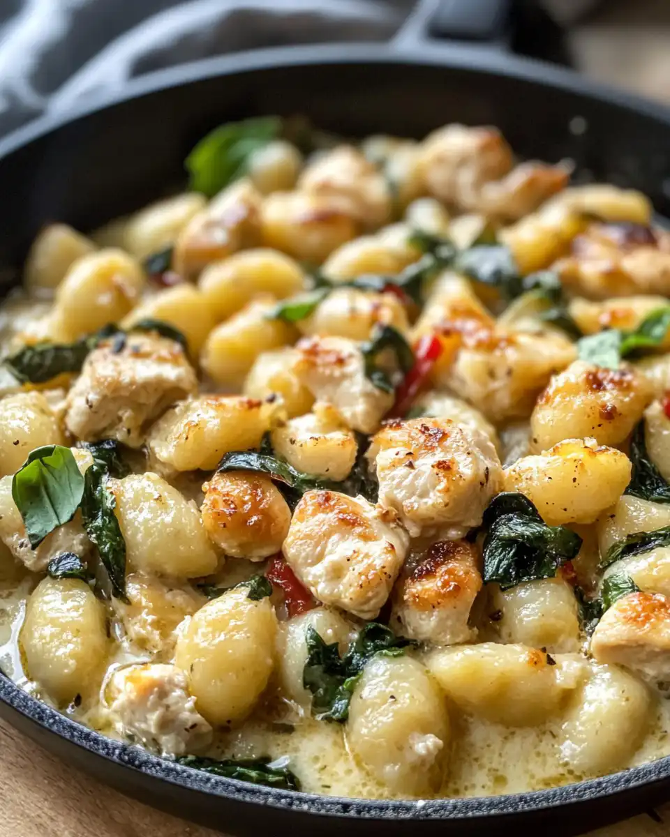 Finished garlic chicken gnocchi skillet served with fresh basil garnish