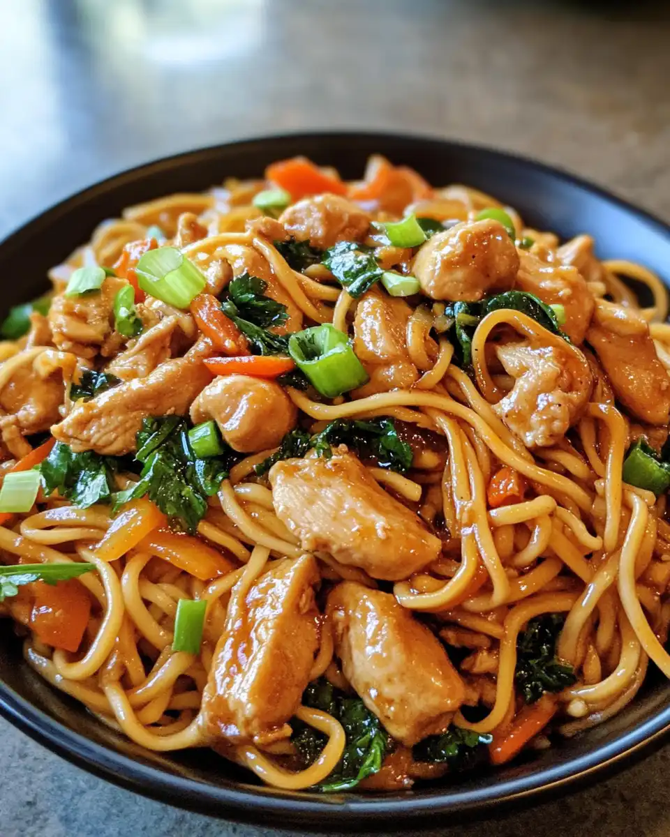 Ingredients including sesame oil, hoisin sauce, garlic and ground chicken ready to make garlic chicken lo mein