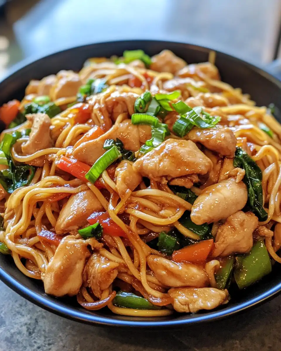 Close-up of delicious garlic chicken lo mein with fresh basil and toasted sesame seeds