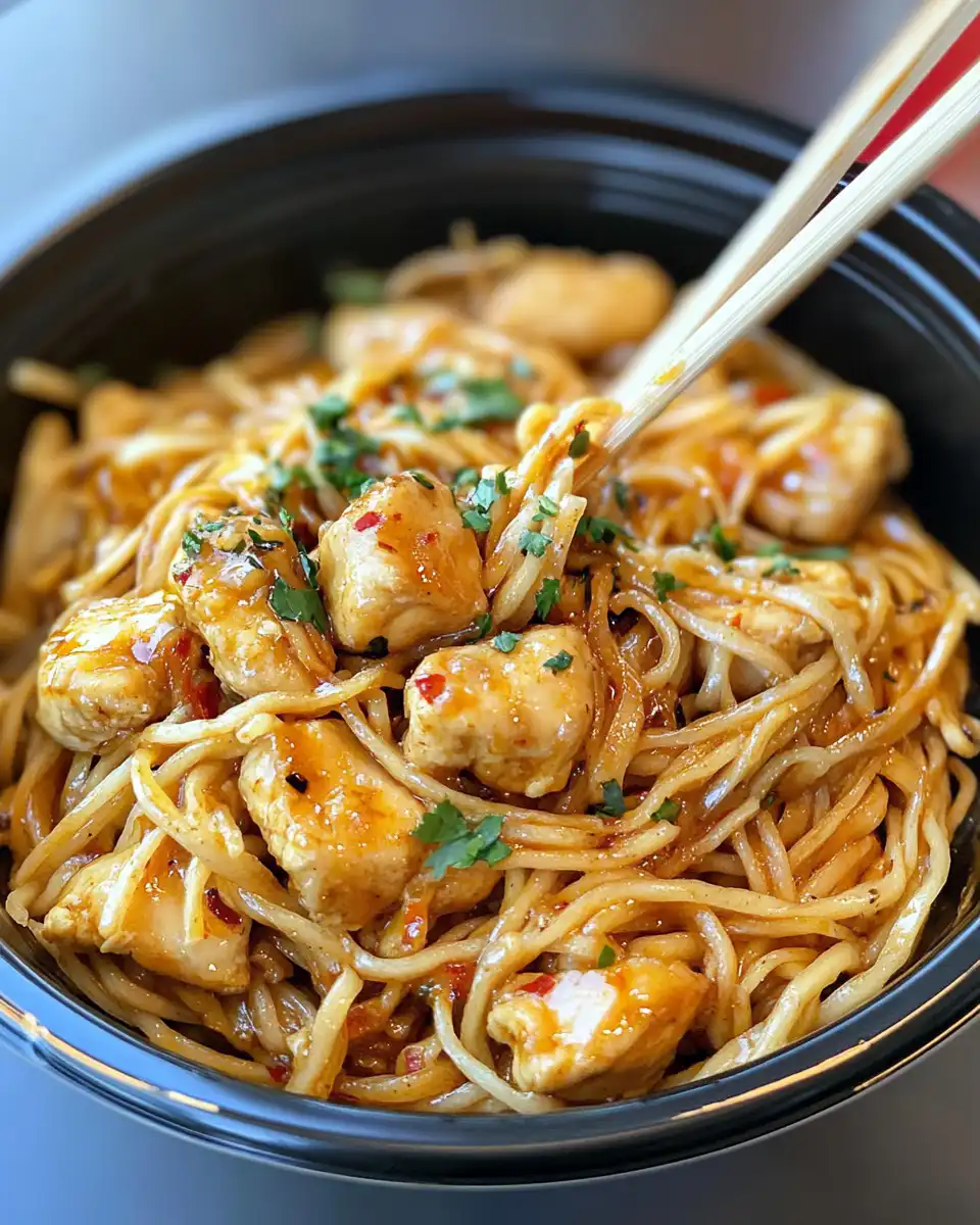 Ingredients laid out for garlic chicken lo mein including noodles, sauces, and veggies