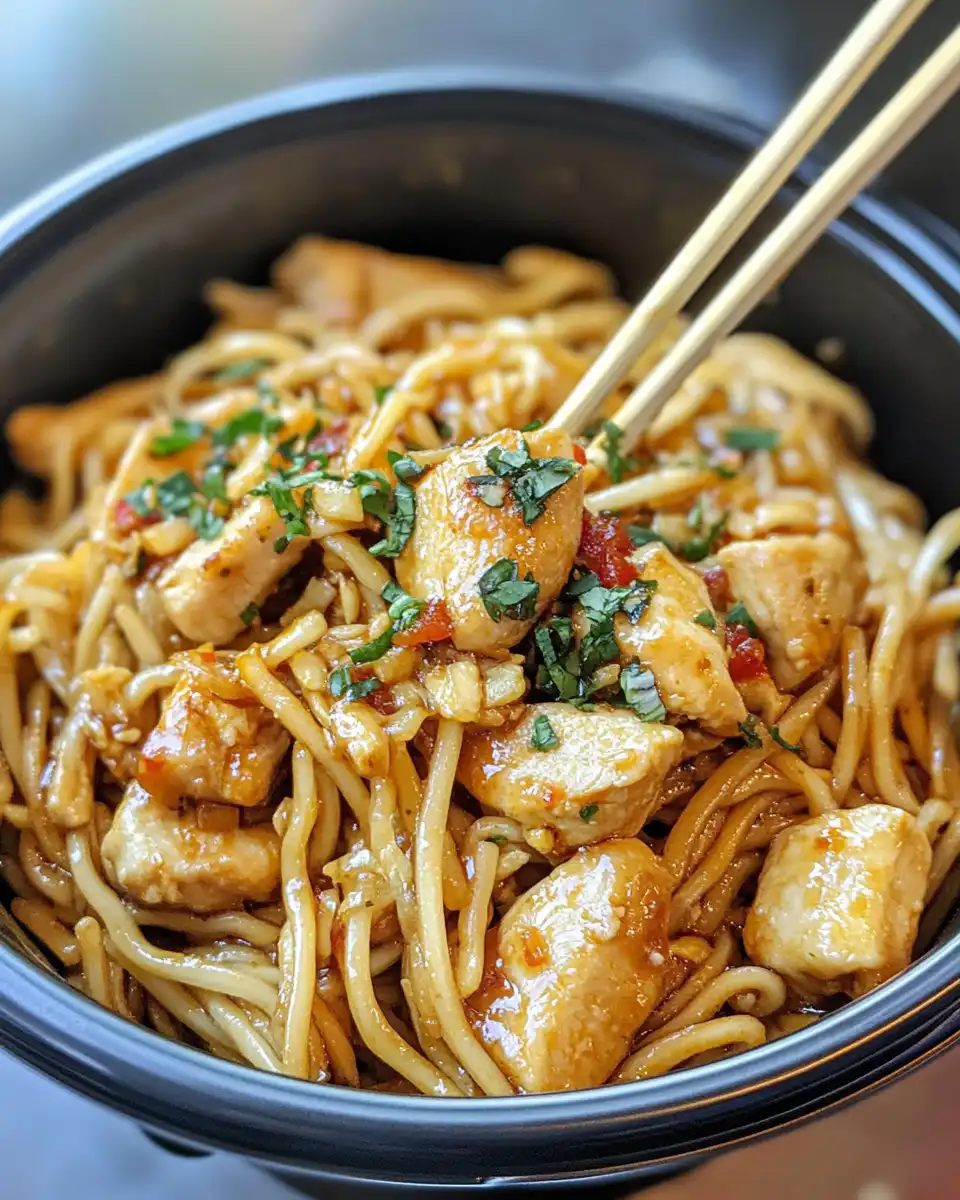 Freshly cooked garlic chicken lo mein serving ready with sesame seeds and herbs