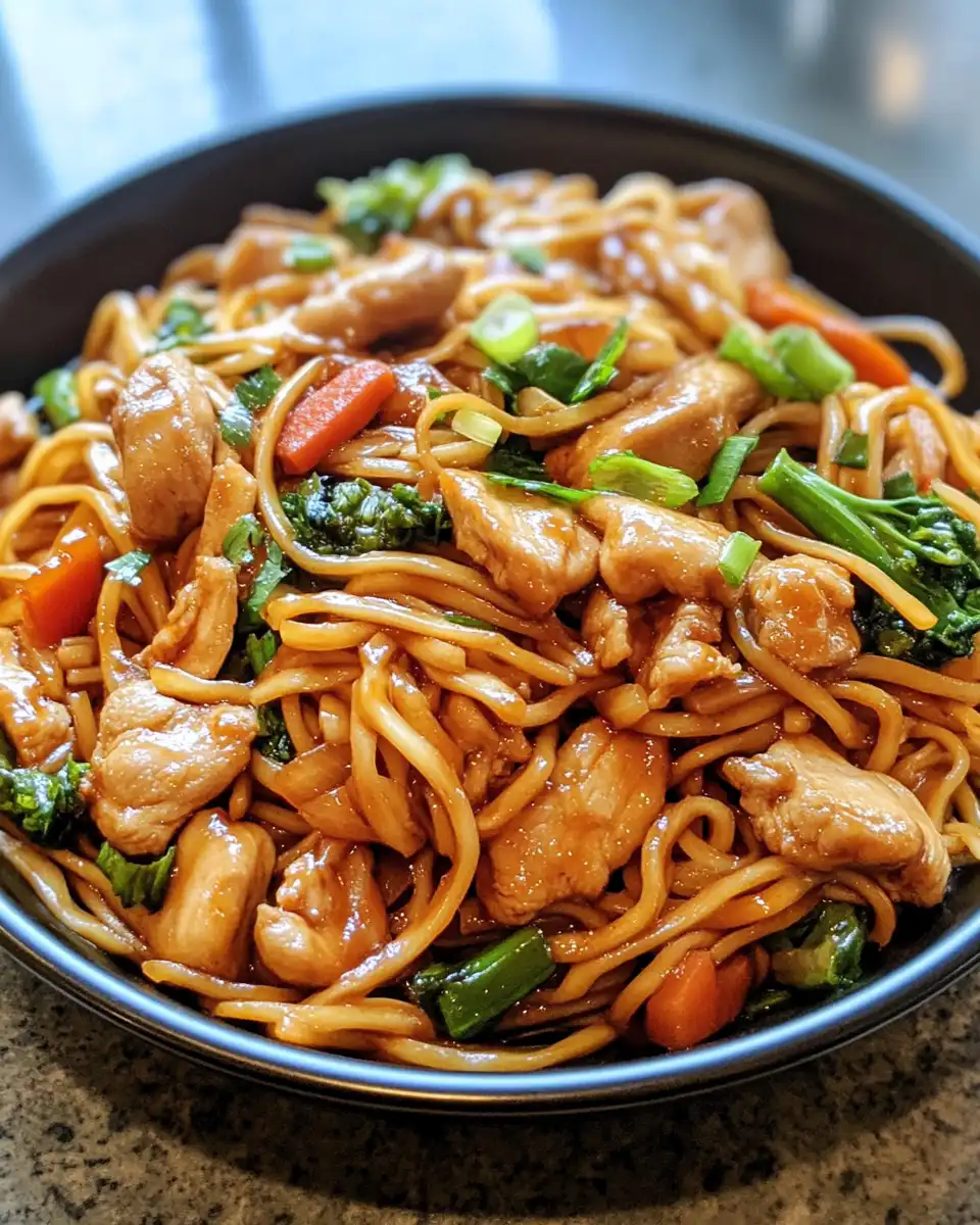 Garlic chicken lo mein steaming hot in a pressure cooker